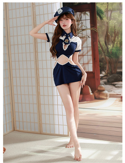 Sexy Stewardess Strap-on Dress Navy Suit Cosplay Lingerie