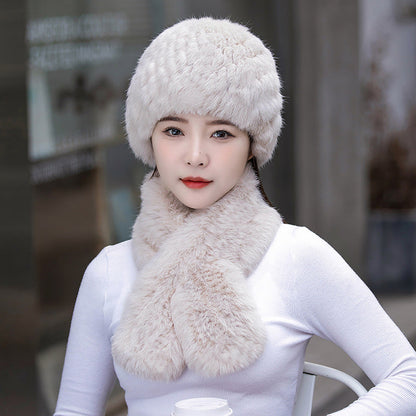 Warm Snow Rabbit Fur Ear Flap Hat & Scarf Set