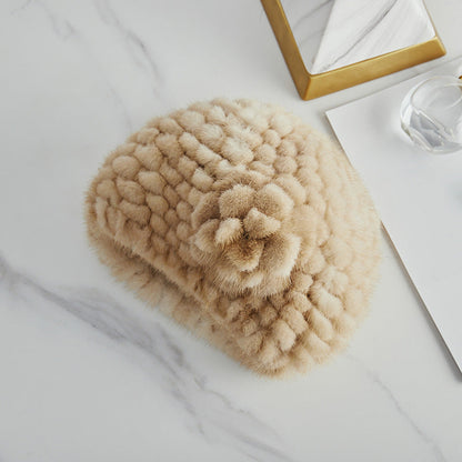 Warm Mink Fur Beret with Faux Flower - Winter Accessory