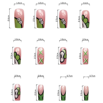 Spring Green French Nails with Cartoon Patterns