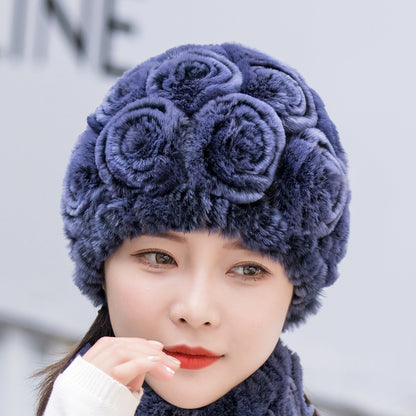 Winter Real Rabbit Fur Flower Ear Flap Hat