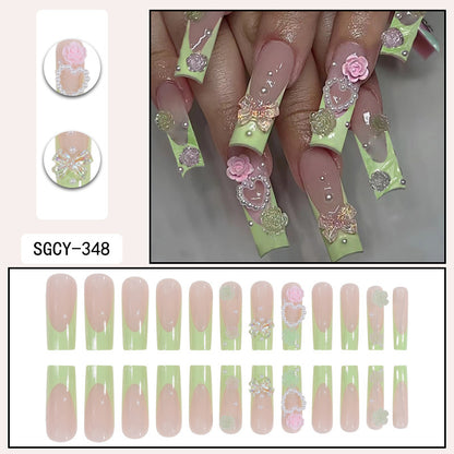 Long French Green Camellia Nail Tips with Bow