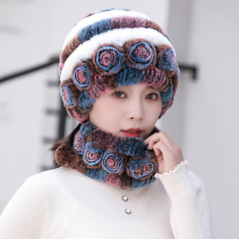 Warm Real Rabbit Fur Ear Flap Hat & Scarf Set