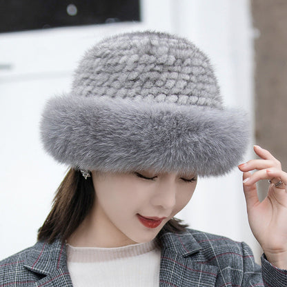 Warm Mink Fur Hat with Fox Pom Pom - Ear Flap Design