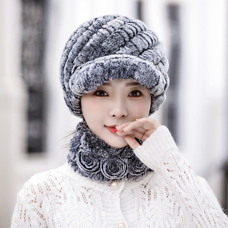 Warm Real Rabbit Fur Cap & Scarf Set - Stylish Winter Wear