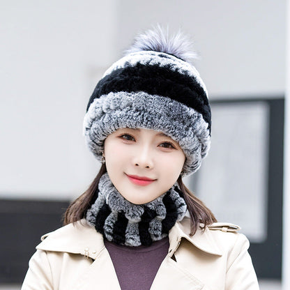 Warm Real Rabbit Fur Ear Flap Hat & Scarf Set