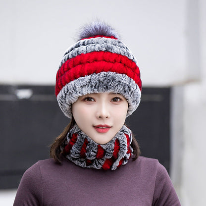 Warm Real Rabbit Fur Ear Flap Hat & Scarf Set