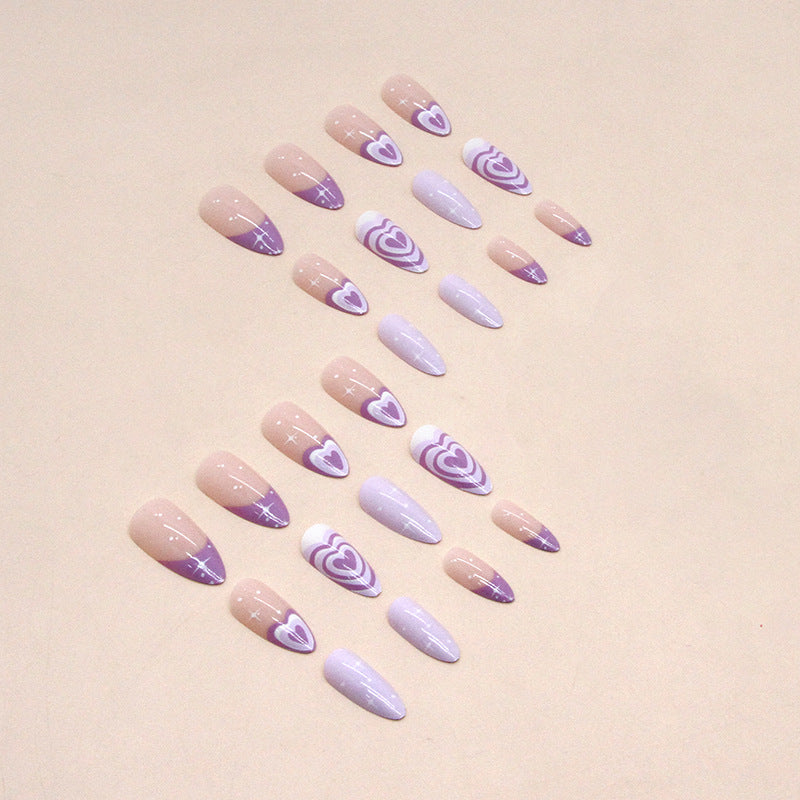 Almond Shape Purple Heart Nails - Dazzling Stars, Mid-Length