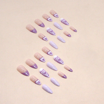 Almond Shape Purple Heart Nails - Dazzling Stars, Mid-Length