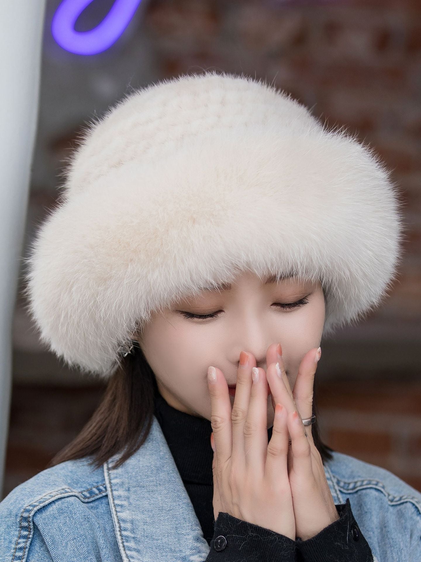 Warm Mink Fur Hat with Fox Pom Pom - Ear Flap Design