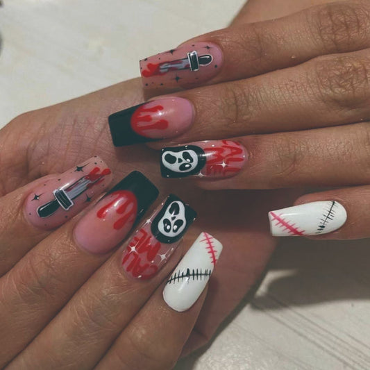 Medium Oval Halloween Nails with Knife Blood Design