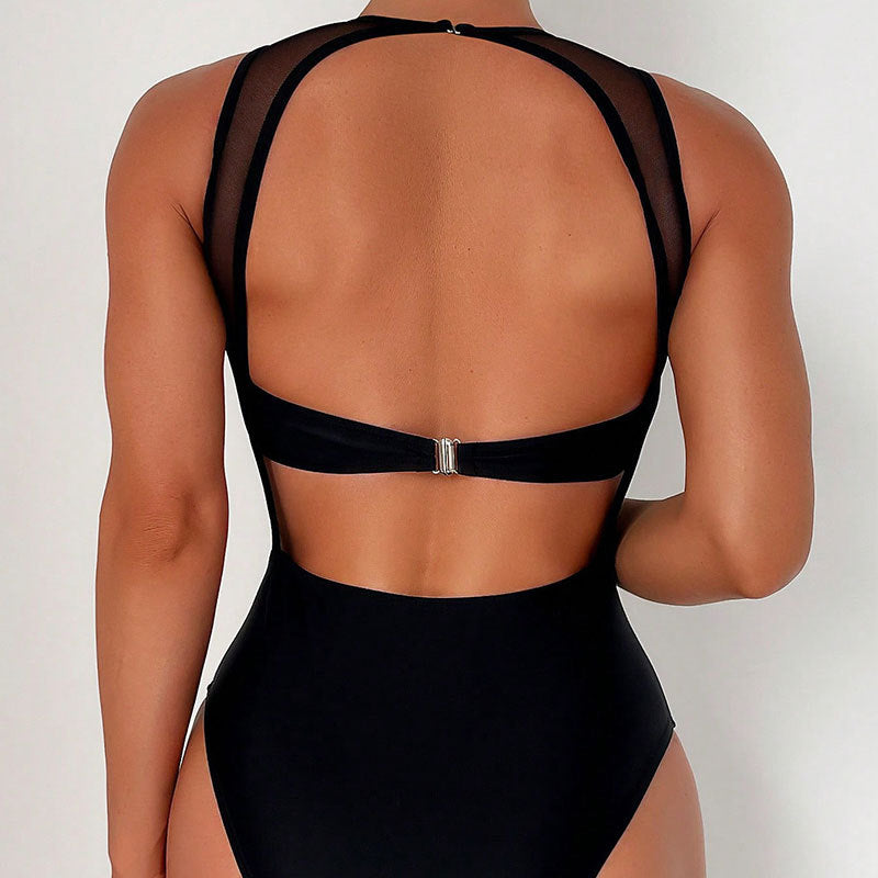 Solid Color Backless Mesh Bikini Swimwear