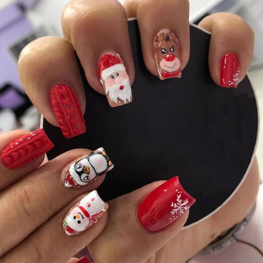 Winter Short Square Knit Design Christmas Reindeer Snowman Santa Nail Tips