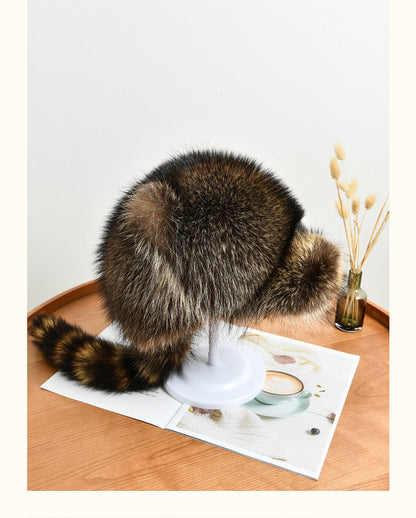 Warm Raccoon Fur Hat with Ear Flaps