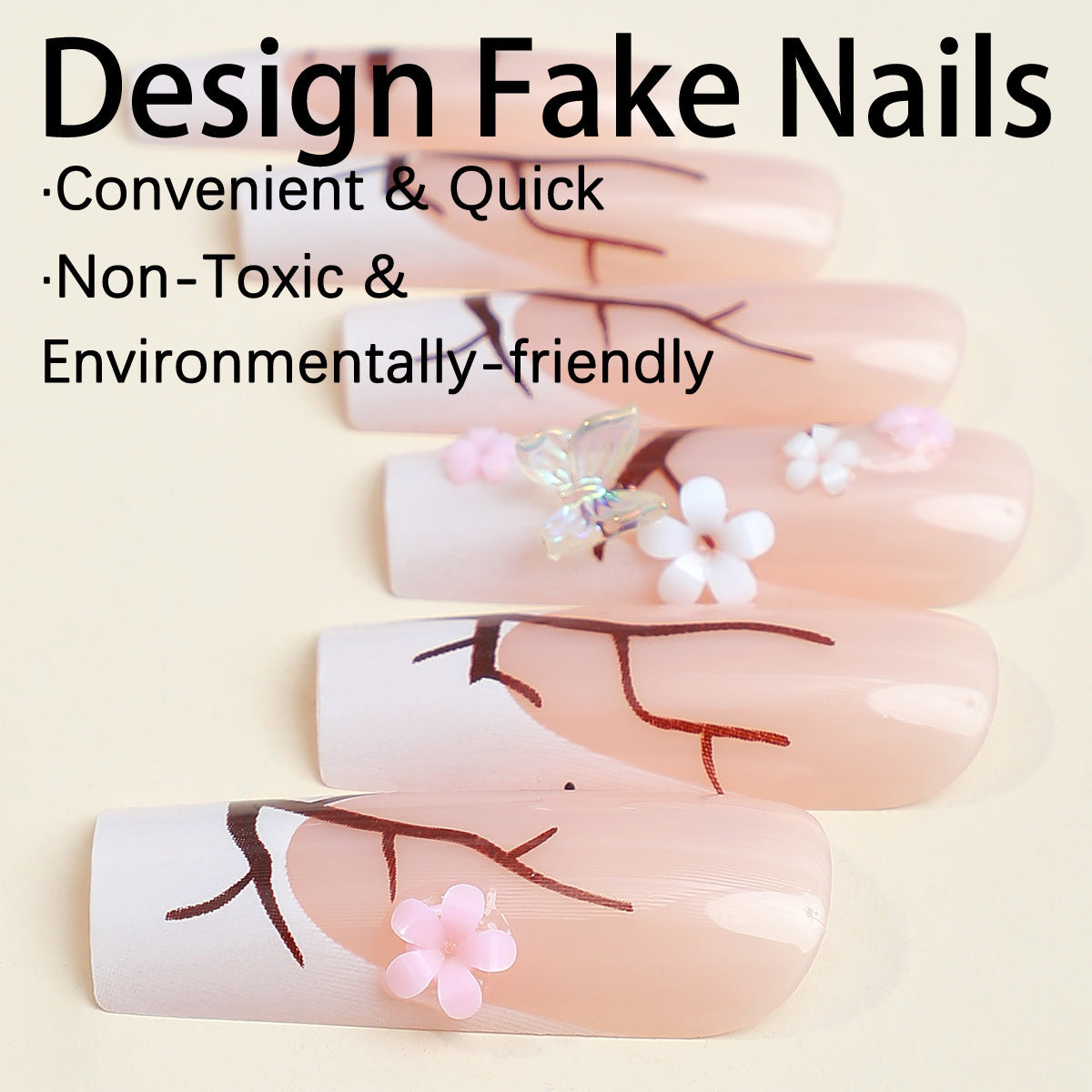 Long Chinese Style Plum Blossom Butterfly Nail Tips