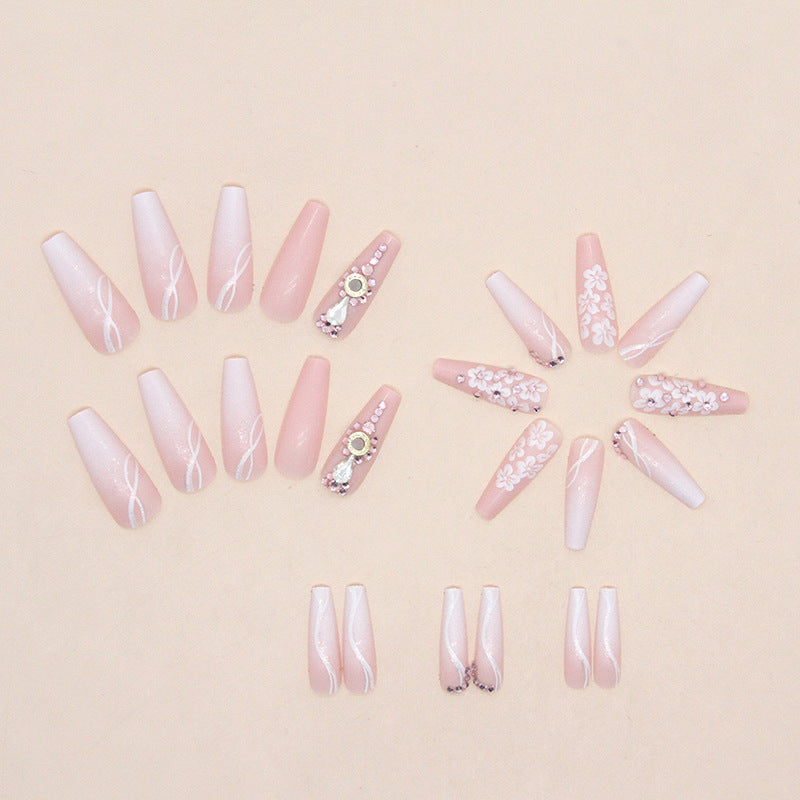 Long Ballet Gradient White Floral Fall Nails: 24-Piece Sparkly Fake Nail Wraps