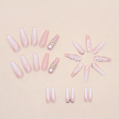 Long Ballet Gradient White Floral Fall Nails: 24-Piece Sparkly Fake Nail Wraps