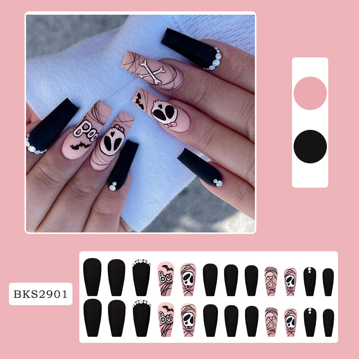 New FashionHalloween Skull and Bat Glitter Nail Tips