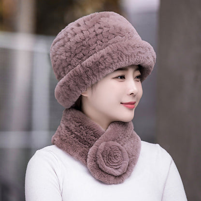 Winter Real Rabbit Fur Knit Hat & Scarf Set