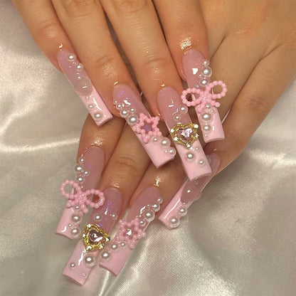 XXL Long Water Pipe French Nail Tips with Hearts and Pearls