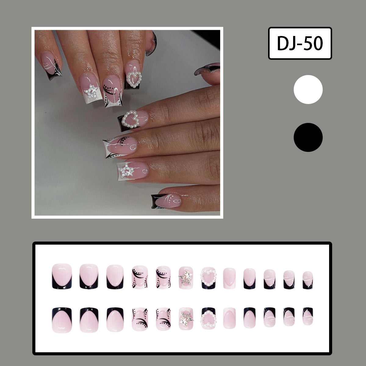 Black White Polka Dot Heart Star Decorated Short Square Nail Tips