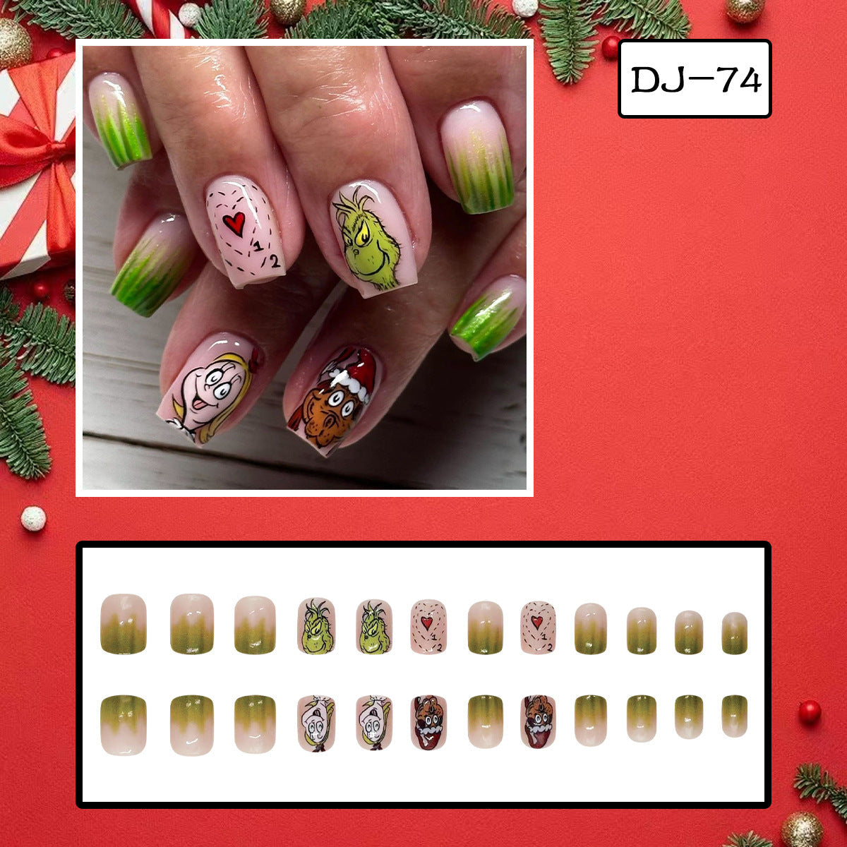 Christmas Short Square Grinch Green Gradient Cute Nail Tips