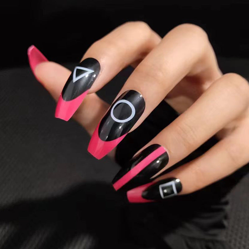 Long Ballet Nails, Black-Pink Contrast, Chic Rectangular Shape