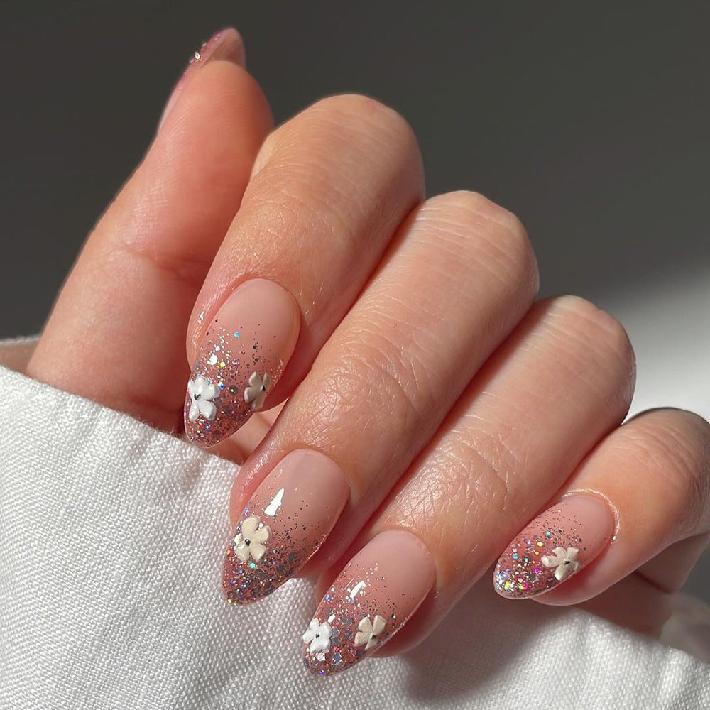 Removable French Floral Glitter Nail Tips