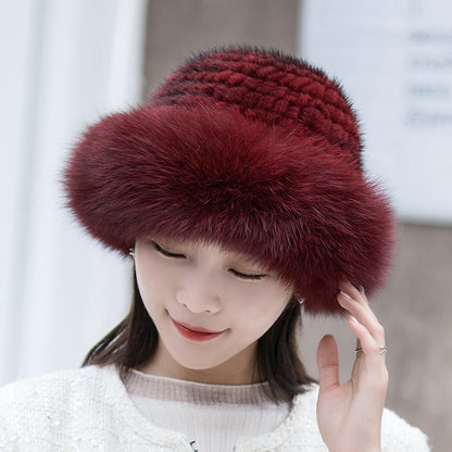 Warm Mink Fur Hat with Fox Pom Pom - Ear Flap Design