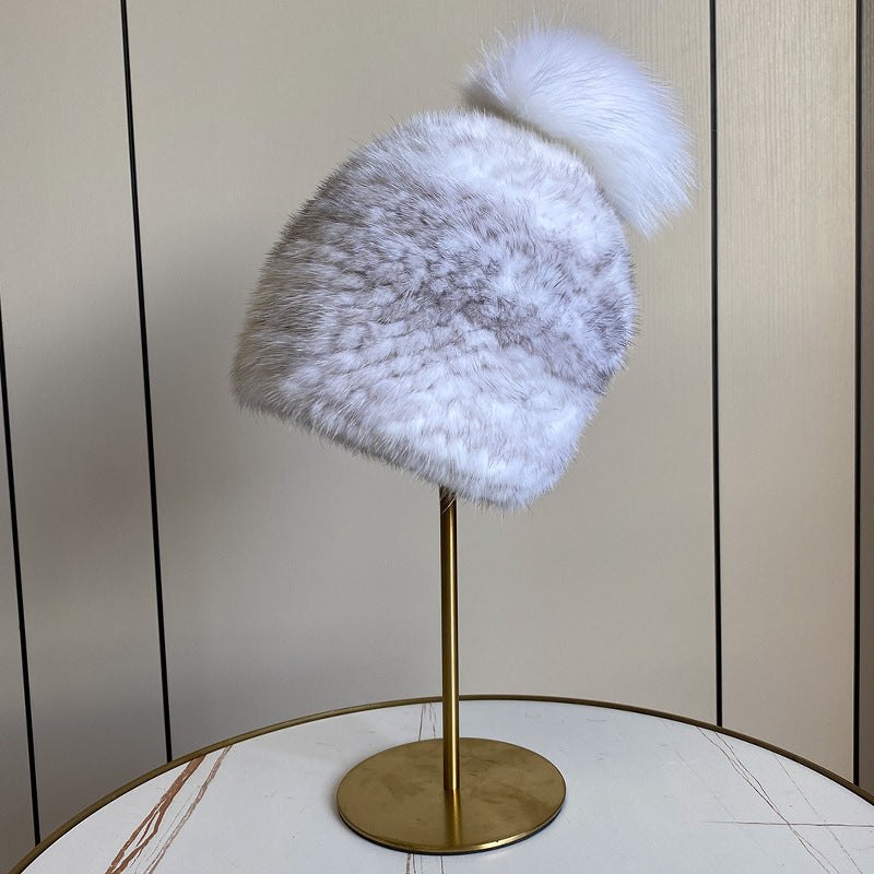 Women's Striped Fur Blend Hat with Real Rabbit Fur Pom Pom