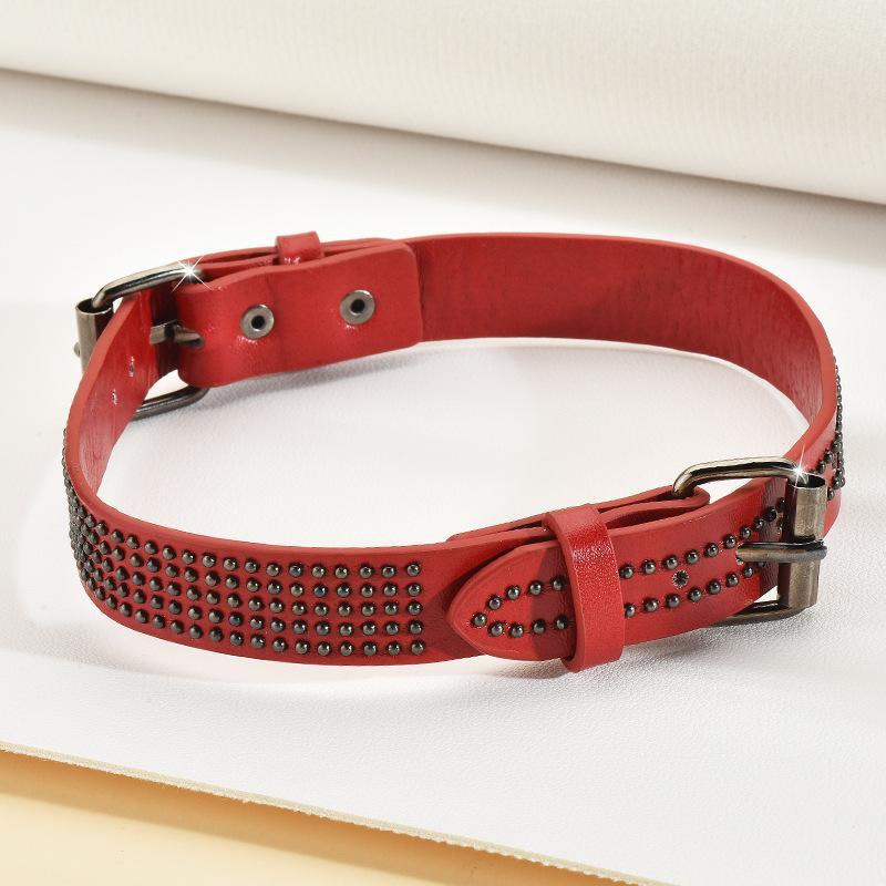 Metal Rivets Red Leather Choker