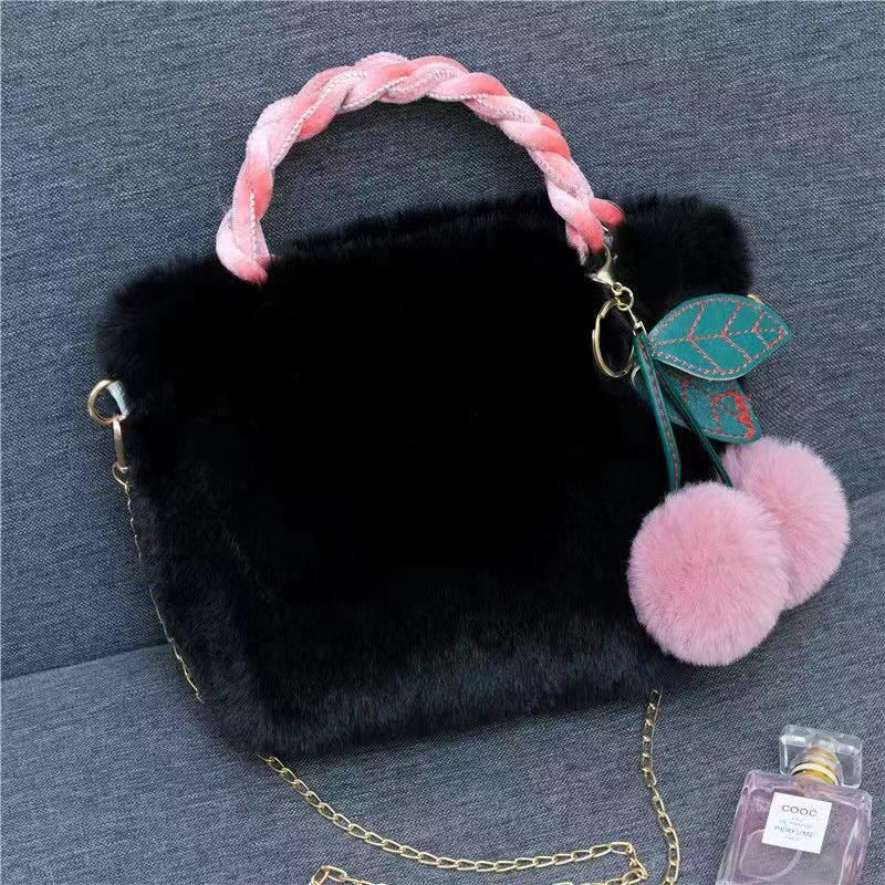 Cute Cherry Fuzzy Handbag Women's Winter Shoulder Tote