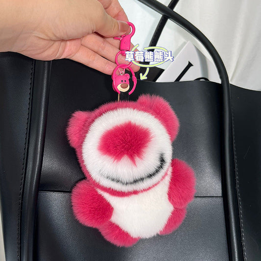 Cute Real Rabbit Fur Strawberry Bear Keychain - Car Accessory