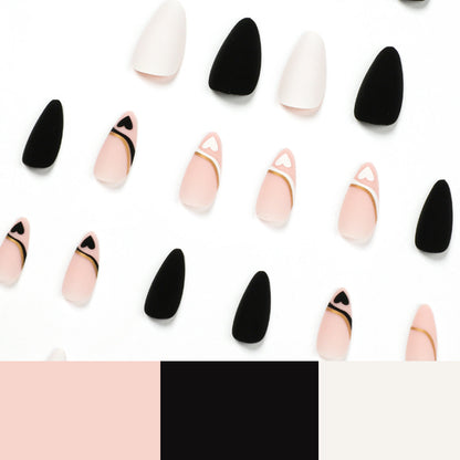 Wholesale French Black White Heart Nails, Gold Line, Matte Finish-Homeunderwear