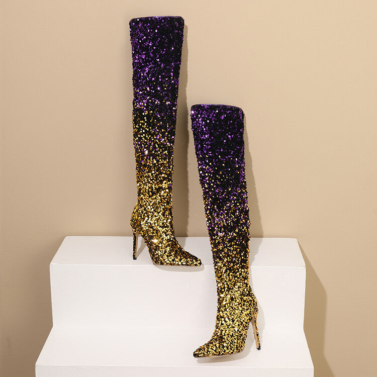 Gradient Sequin Side Zip Over-the-Knee Boots-Homeunderwear