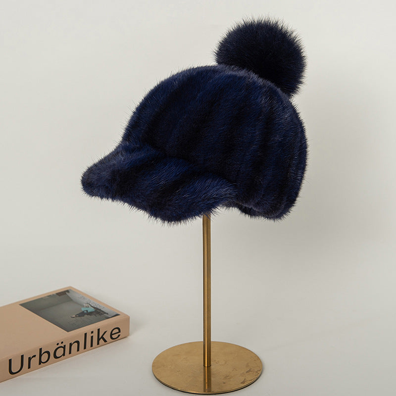 Warm Mink Fur Baseball Cap with Fox Pom Pom - Winter Fashion