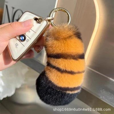 Cute Otter Rabbit Fur Tiger Tail Keychain Plush Gift