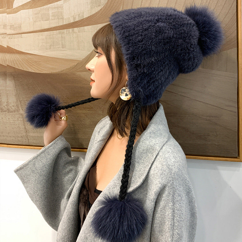 Stylish Mink Fur Hat with Fox Pom Pom