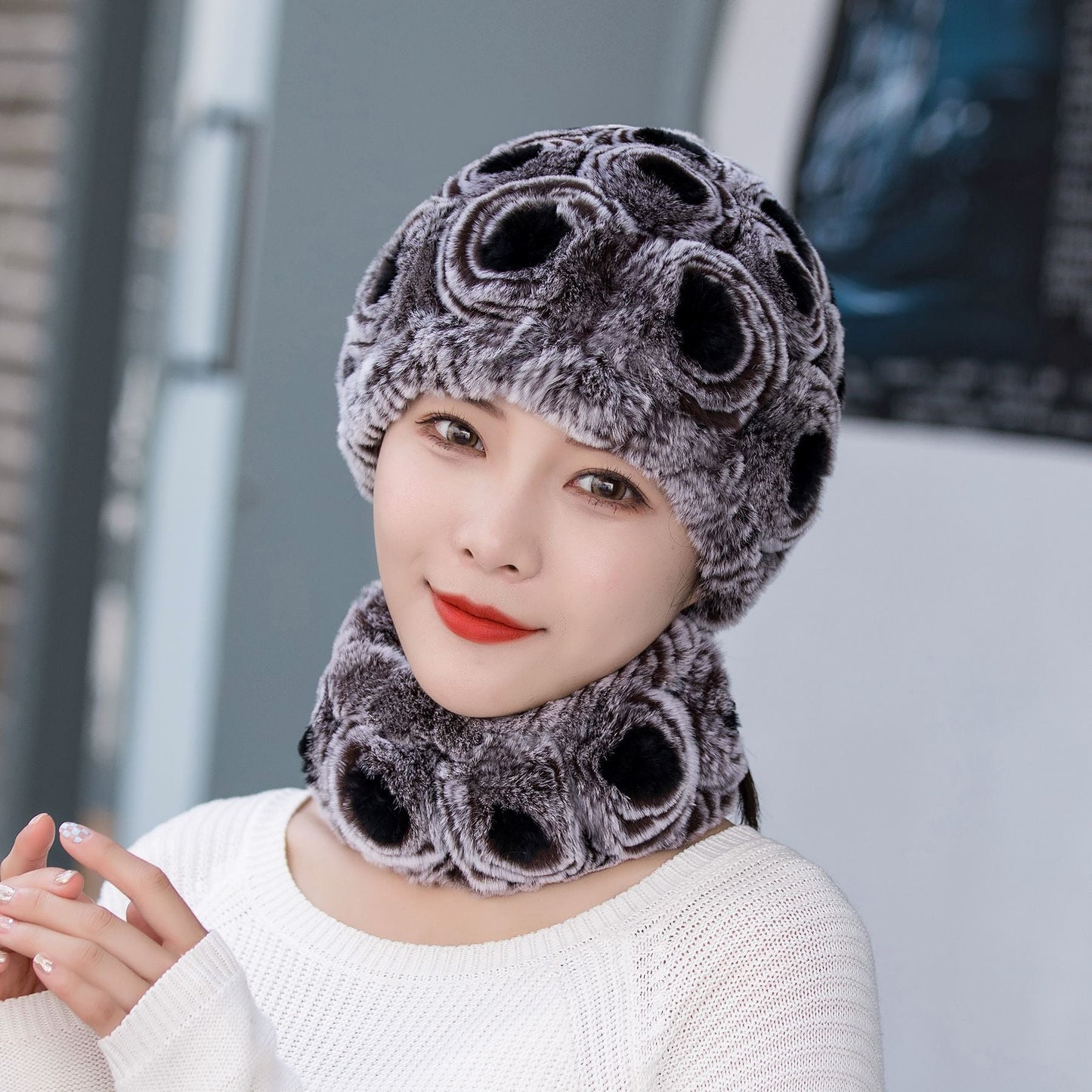 Warm Real Rabbit Fur Ear Flap Hat & Scarf Set