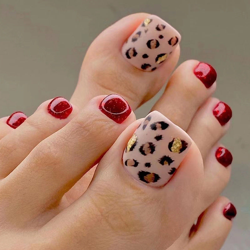 Wine Red Shiny Leopard Toe Nails, Stylish and Edgy