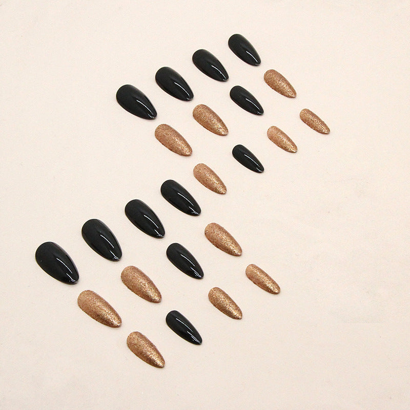 Sweet Cool Solid Almond Round Flash Black Gold Fall Nails