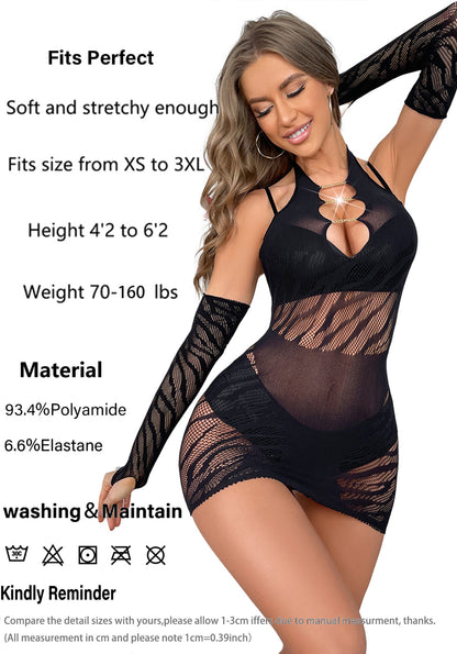 Sexy Ins Zebra Pattern Hollow Suspender Sexy Underwear Women's Transparent Mesh Skirt Pajamas with Gloves