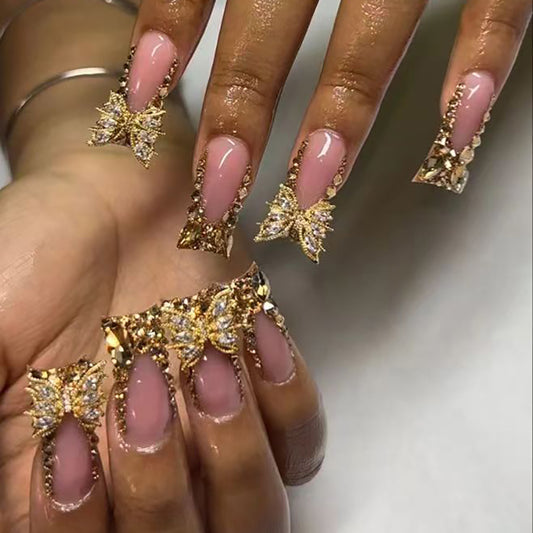 French Tip Duckbill Nails with Gold Glitter Butterflies