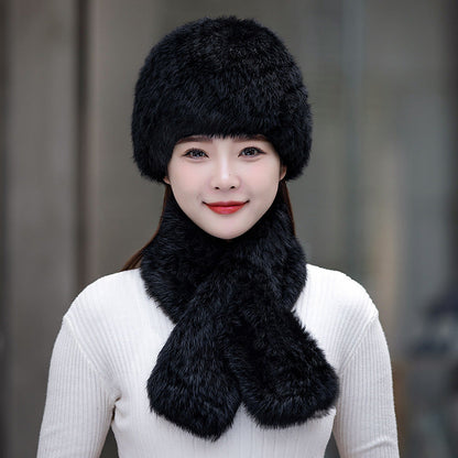 Warm Snow Rabbit Fur Ear Flap Hat & Scarf Set