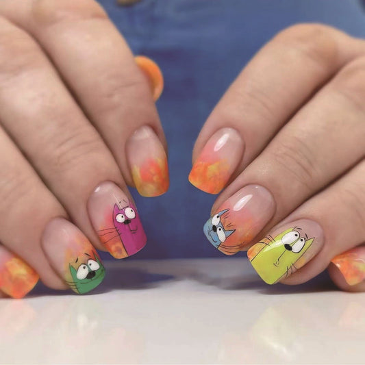 Ombre Orange Yellow Short Square Cartoon Cat Nails