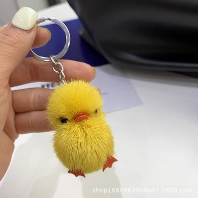 Cute Real Mink Fur Duck Helmet Keychain Plush Accessory