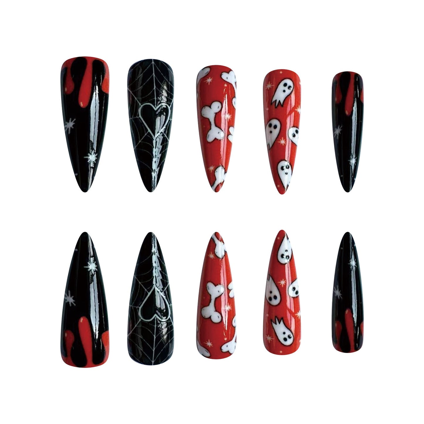 Halloween Long Pointed Black Orange Nails with Skeleton and Spider Web Designs