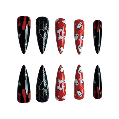 Halloween Long Pointed Black Orange Nails with Skeleton and Spider Web Designs