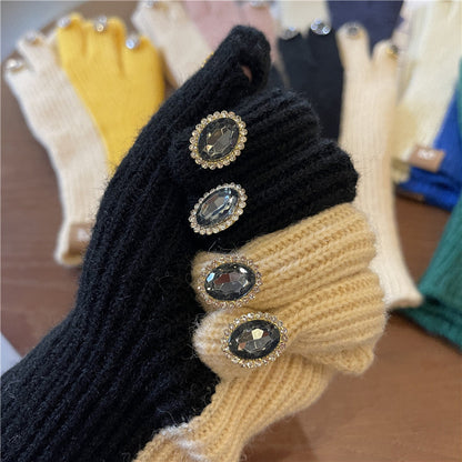 Rhinestone Finger Wool Gloves