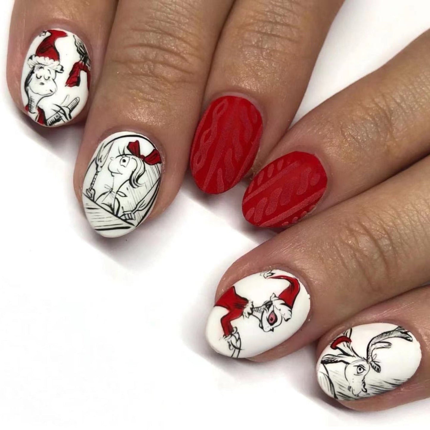 Christmas Black Red Grinch Cartoon Oval Matte Nails